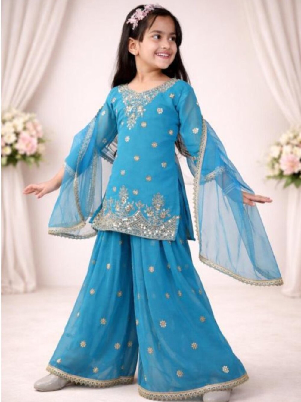 Girls Embroidered Sharara Suit Set with Dupatta